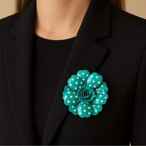 Vtg Joan Rivers Brooch Teal Blue & White Polka Dot Enamel Flower Large Pin